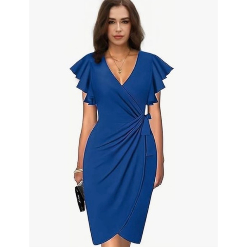 NEW Blue Deep V Neck Ruffle Sleeve Career Midi Dress M